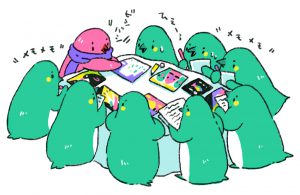 □合評会□ まず生徒同士で感想をスケッチブックに書き合い、それから先生のありがたいお言葉をいただきます。先生 の的確なアドバイスにみんな怯えつつもとても勉 強になるお言葉をいっぱいいただきました。評価 を受けてる最中は他の生徒がメモをとって終わり に渡してくれます。