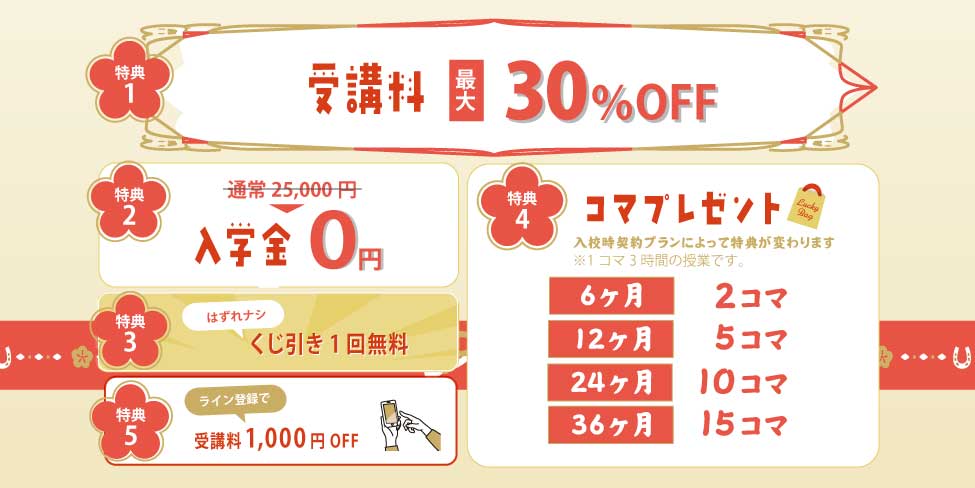 【特典1】受講料割引 通常価格より最大25％OFF／【特典2】入学金割引 